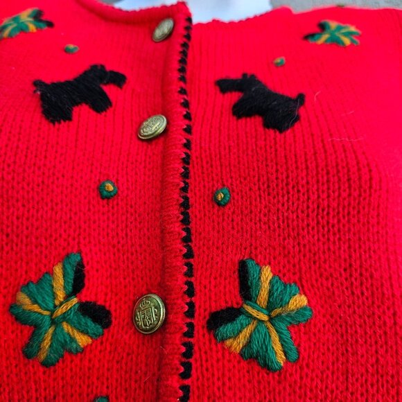 80s Scottie Dog Cardigan Red Embroidered Knit Vintage Novelty Sweater - Picture 2 of 14